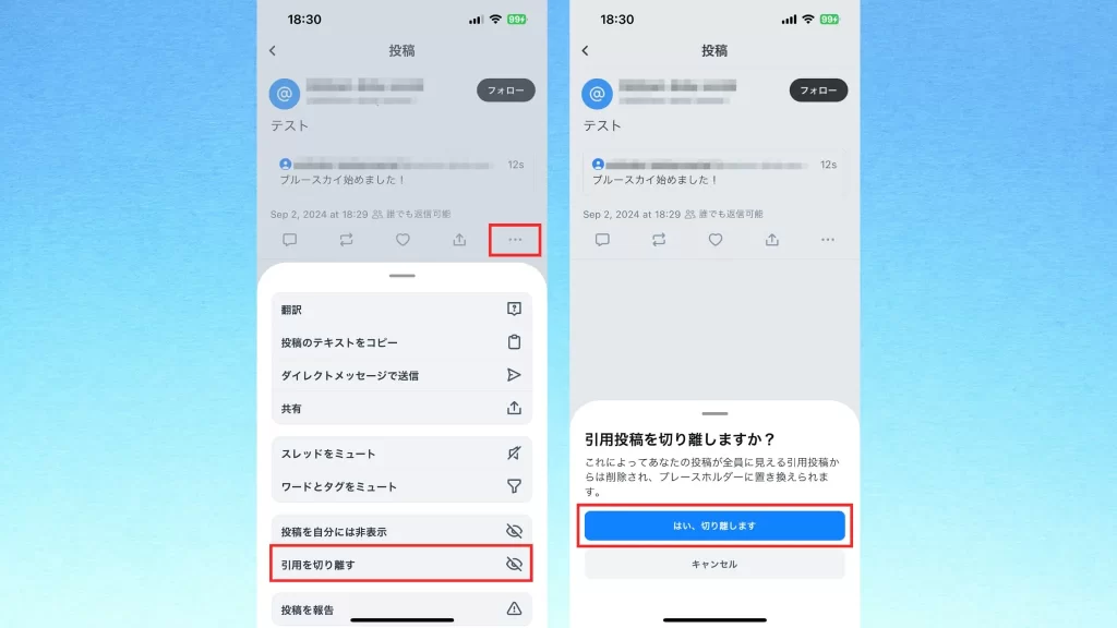 Blueskyの「引用を切り離す」のスクショ画像