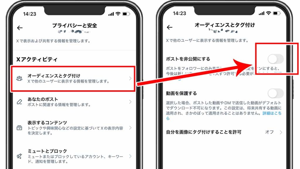 「オーディエンスとタグ付け」「ポストを非公開にする」をタップする